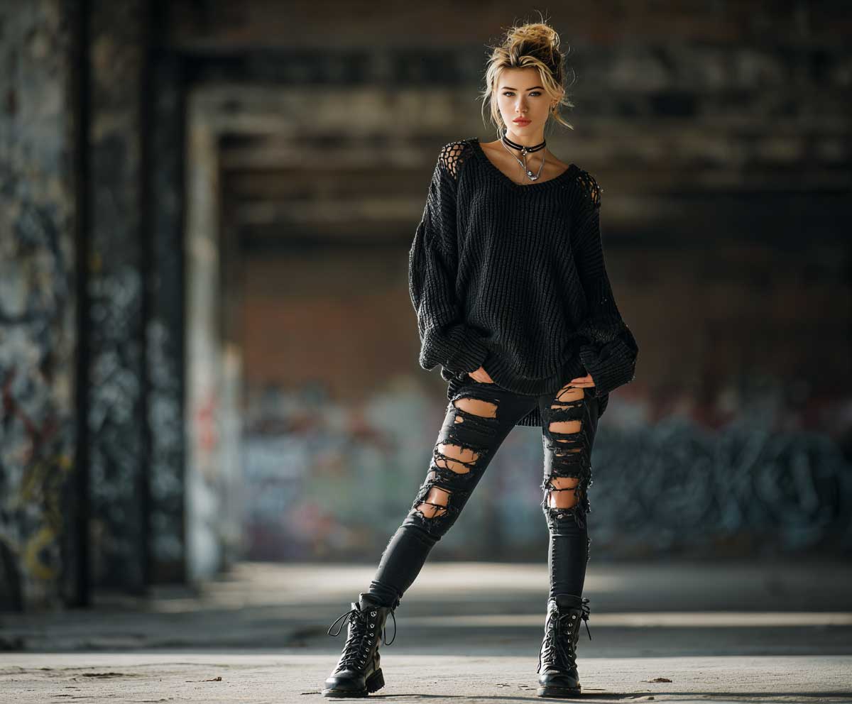fashion model wearing distressed black sweater with ripped black skinny jeans and lace-up combat boots, grunge rock fashion style, urban background, moody lighting, confident pose, edgy streetwear vibe, full body photo