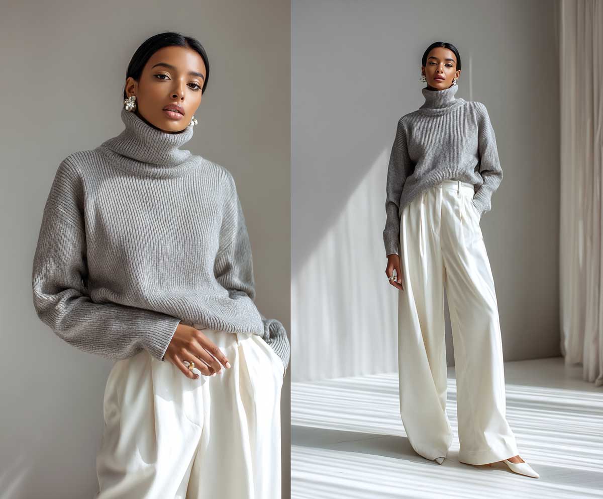 minimalist fashion woman in soft gray turtleneck sweater and ivory wide-leg trousers, standing in soft natural light, neutral indoor setting, cozy clean minimalist styling, full body studio shot, fall winter look, modern aesthetic, cotton and wool textures