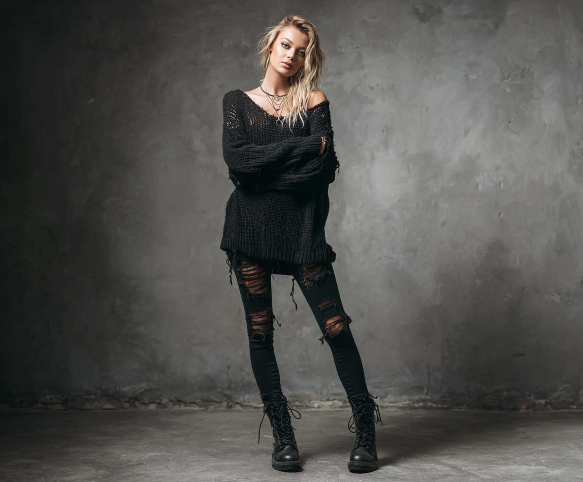 fashion model wearing distressed black sweater with ripped black skinny jeans and lace-up combat boots, grunge rock fashion style, urban background, moody lighting, confident pose, edgy streetwear vibe, full body photo