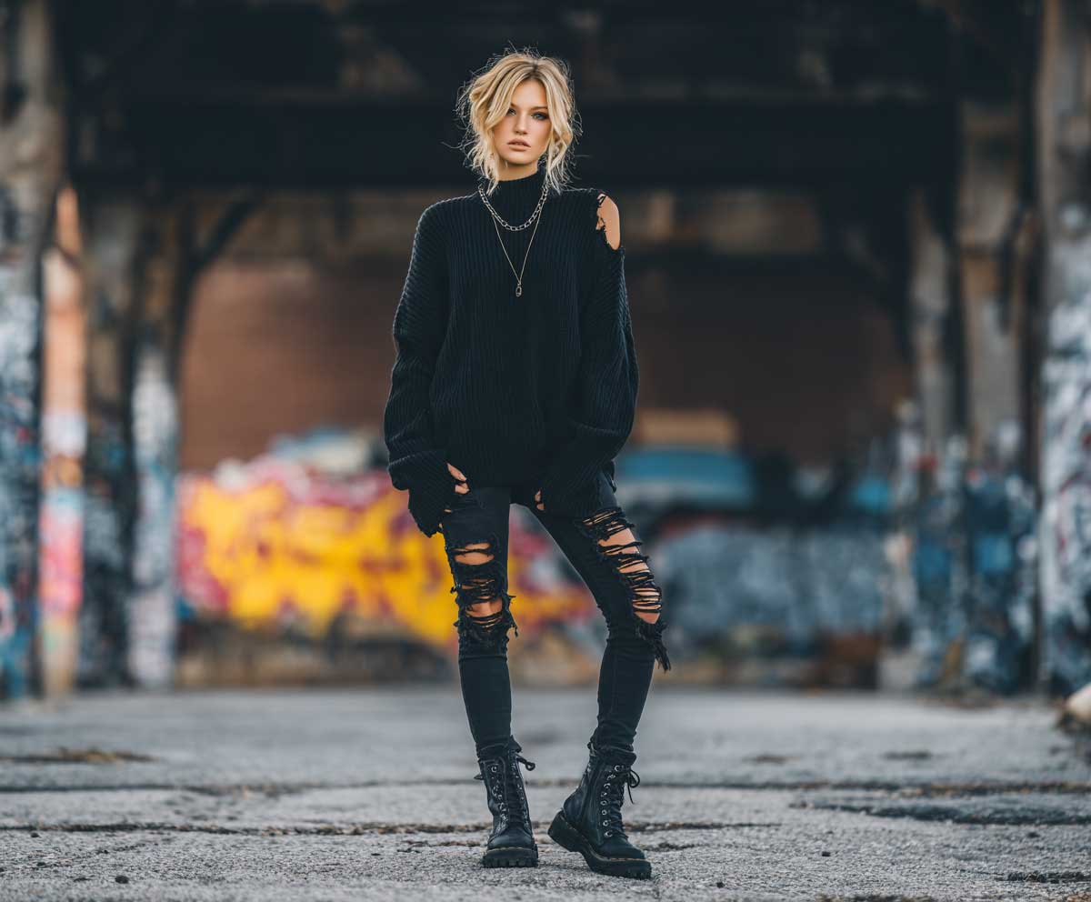 fashion model wearing distressed black sweater with ripped black skinny jeans and lace-up combat boots, grunge rock fashion style, urban background, moody lighting, confident pose, edgy streetwear vibe, full body photo
