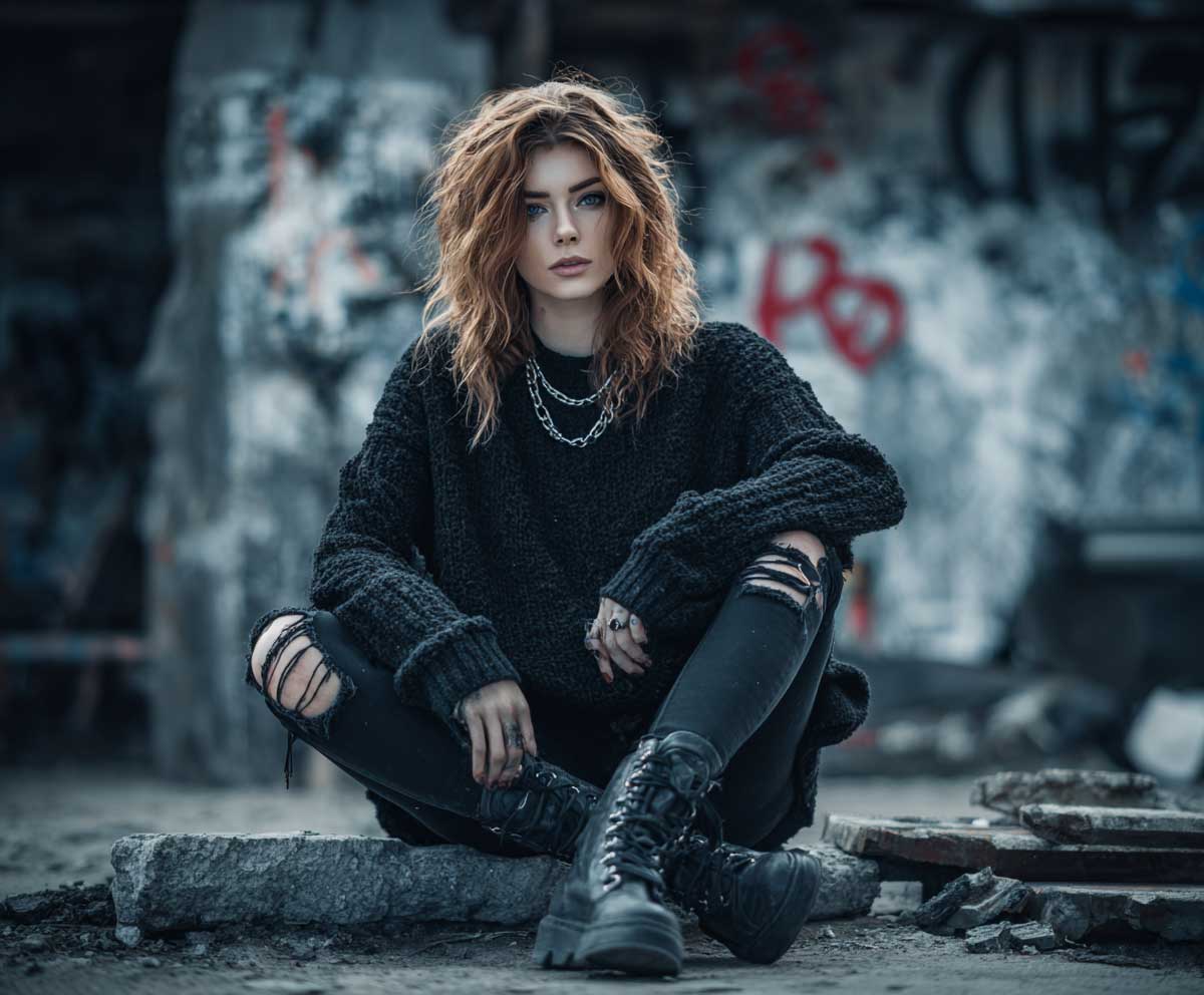 fashion model wearing distressed black sweater with ripped black skinny jeans and lace-up combat boots, grunge rock fashion style, urban background, moody lighting, confident pose, edgy streetwear vibe, full body photo