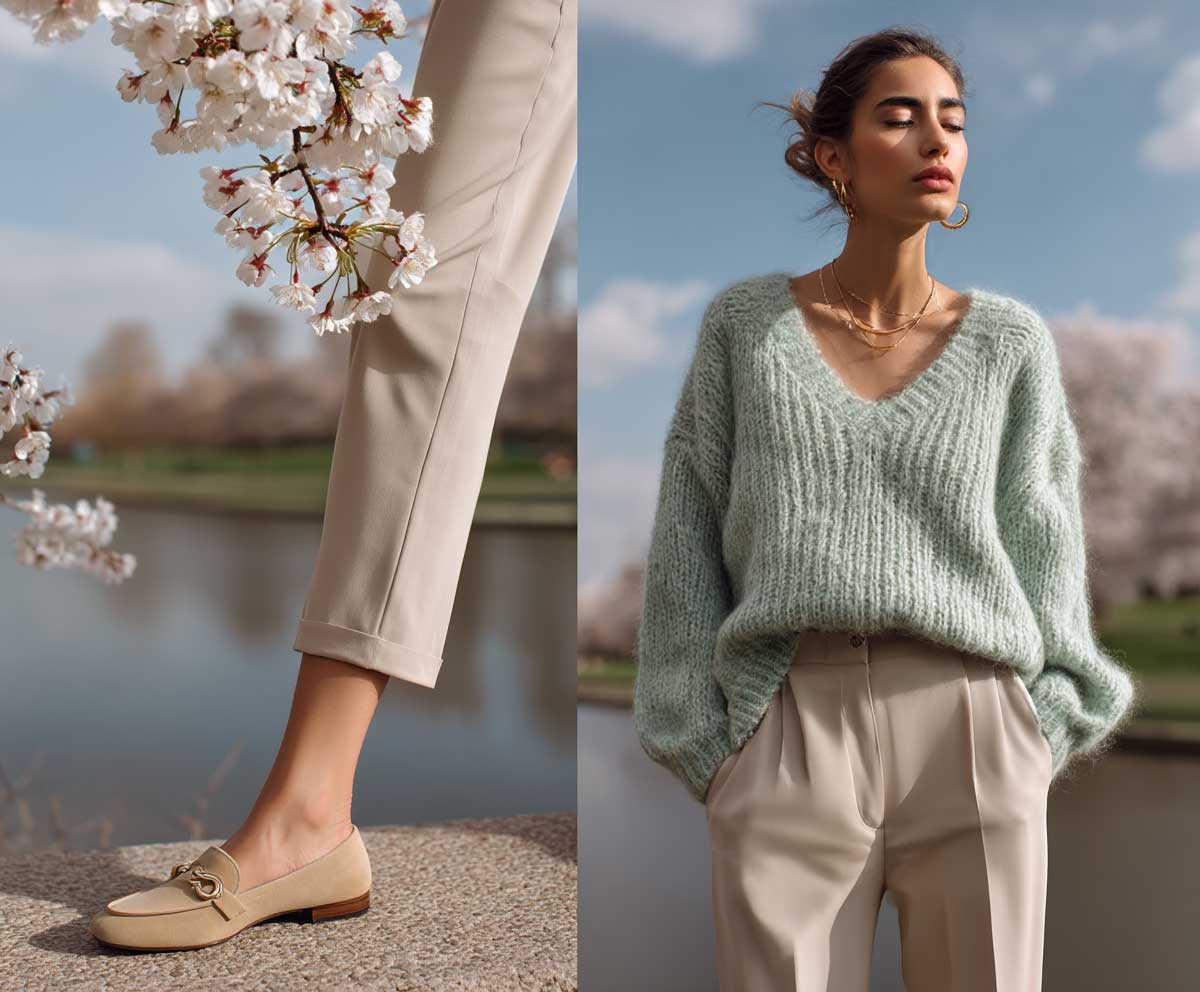 fashion editorial of a woman wearing a mint green knit sweater with beige cropped trousers and light brown loafers, standing near cherry blossoms in spring, calm travel outfit aesthetic, natural daylight, soft shadows