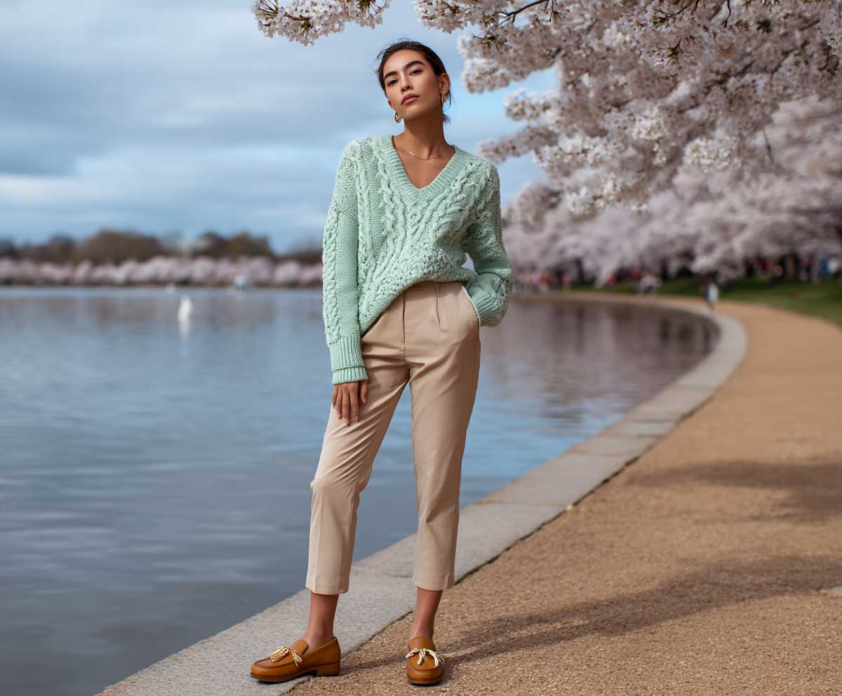 fashion editorial of a woman wearing a mint green knit sweater with beige cropped trousers and light brown loafers, standing near cherry blossoms in spring, calm travel outfit aesthetic, natural daylight, soft shadows