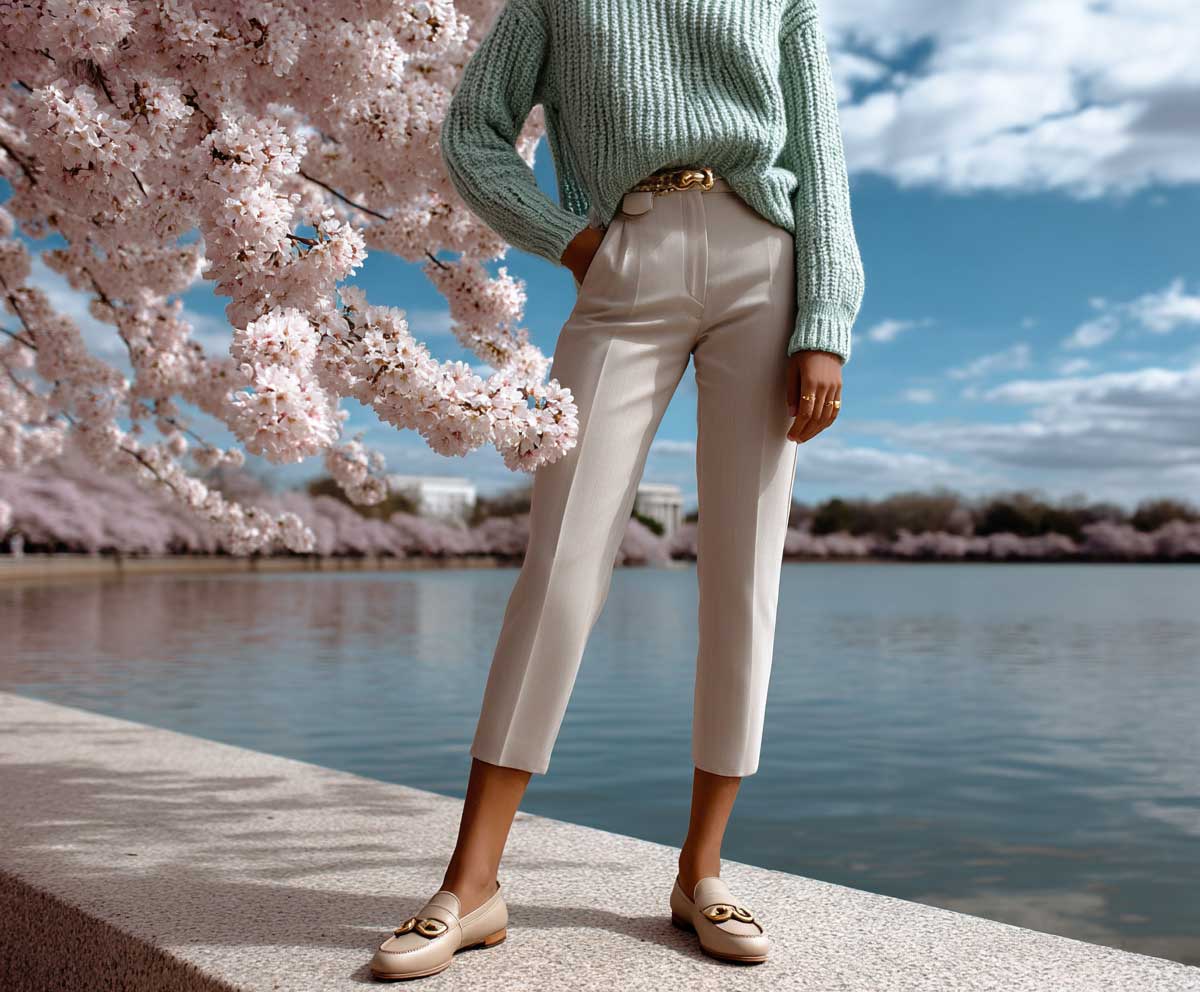 fashion editorial of a woman wearing a mint green knit sweater with beige cropped trousers and light brown loafers, standing near cherry blossoms in spring, calm travel outfit aesthetic, natural daylight, soft shadows