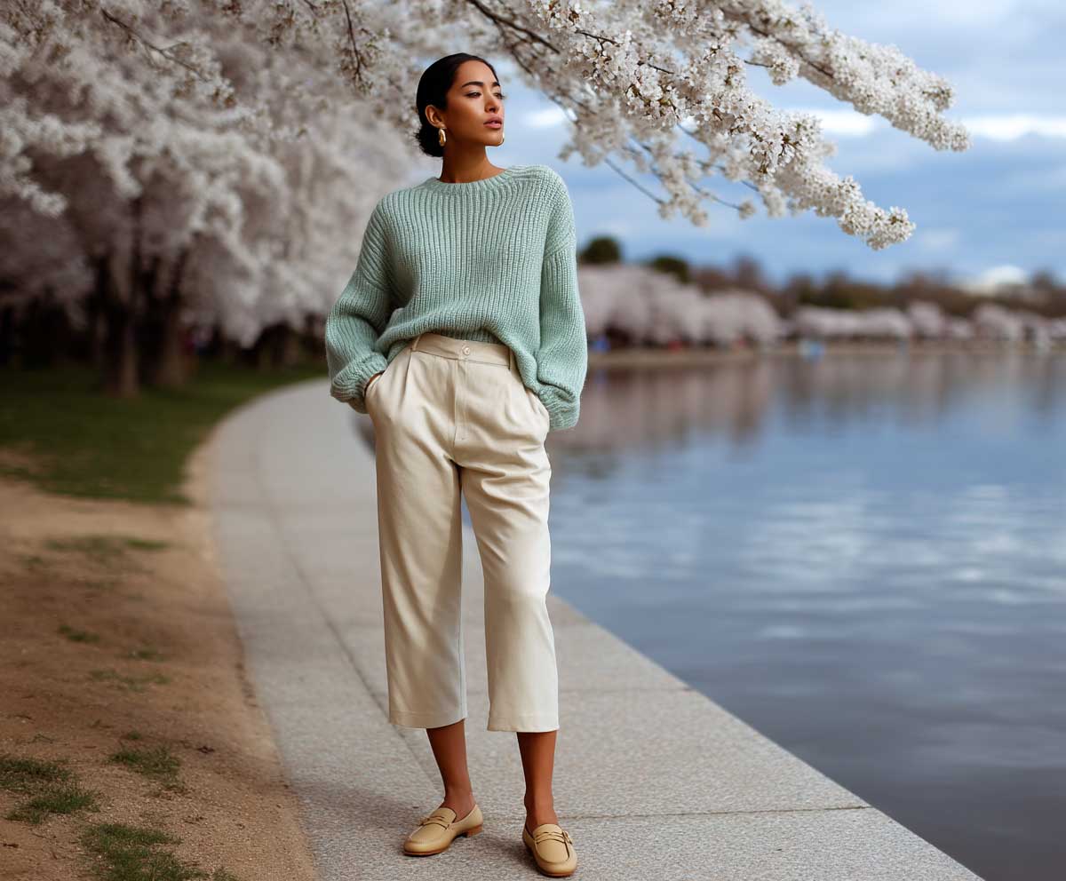 fashion editorial of a woman wearing a mint green knit sweater with beige cropped trousers and light brown loafers, standing near cherry blossoms in spring, calm travel outfit aesthetic, natural daylight, soft shadows
