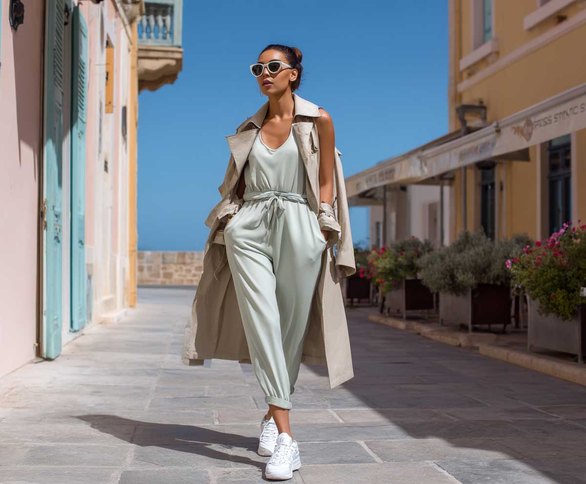 modern spring fashion shot of a woman in a mint green sleeveless jumpsuit layered under a beige trench coat, paired with white sneakers, urban setting with pastel buildings, spring travel fashion