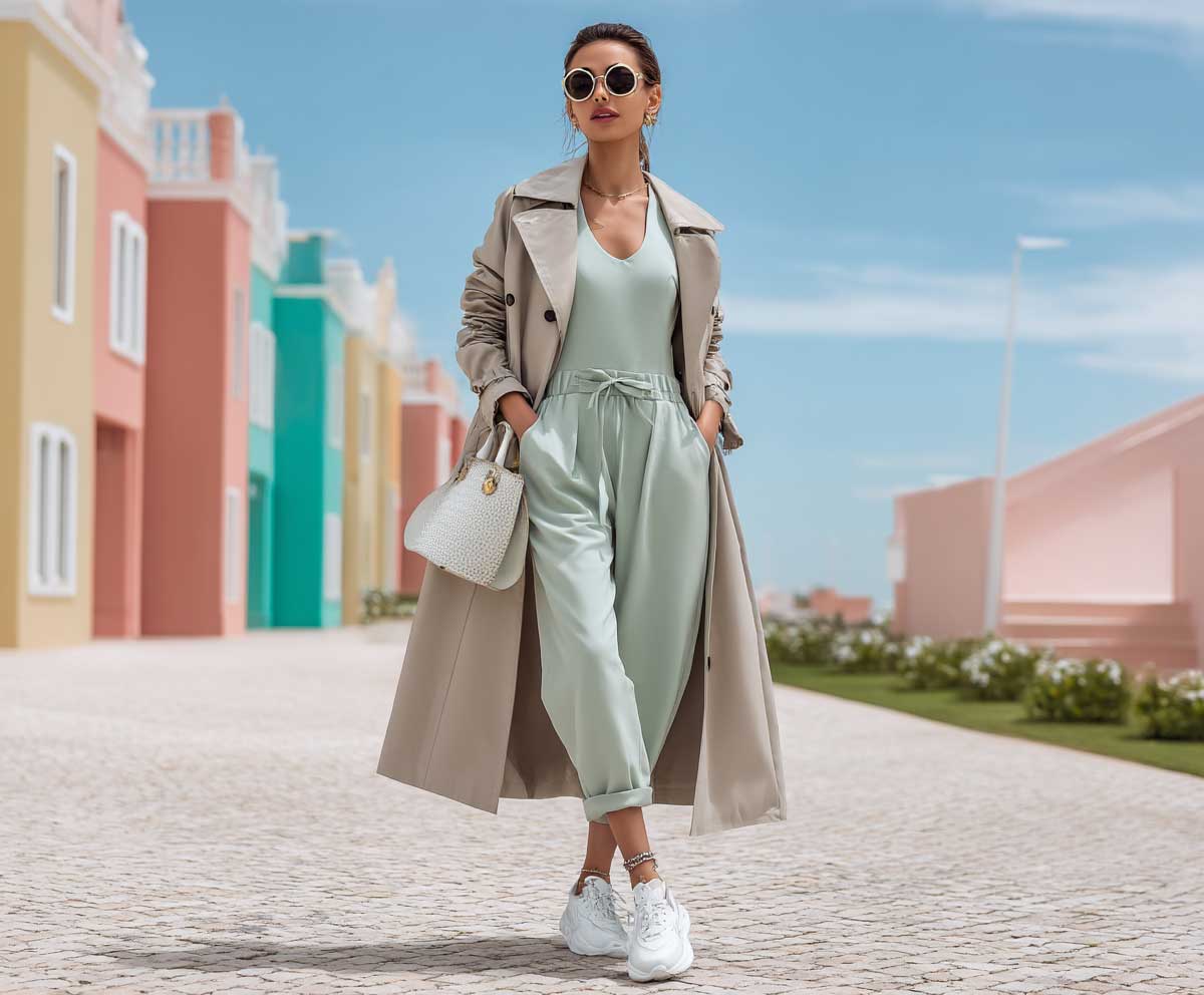 modern spring fashion shot of a woman in a mint green sleeveless jumpsuit layered under a beige trench coat, paired with white sneakers, urban setting with pastel buildings, spring travel fashion