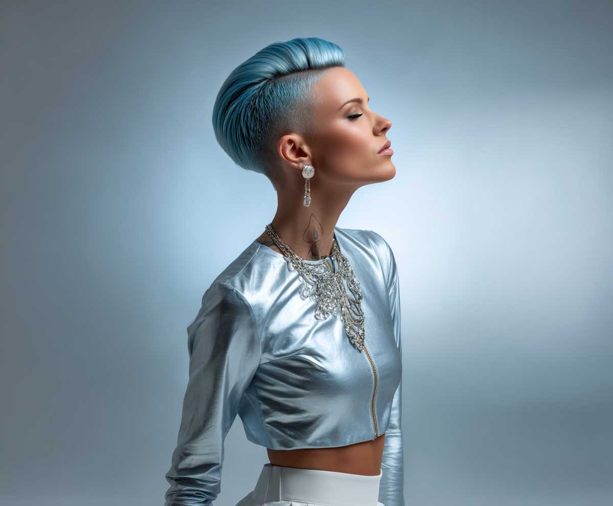 full-body photo of a fashionable woman with ash blue undercut haircut, slicked back top with metallic shine, sleek outfit, cool-toned lighting, soft shadow play, white seamless background