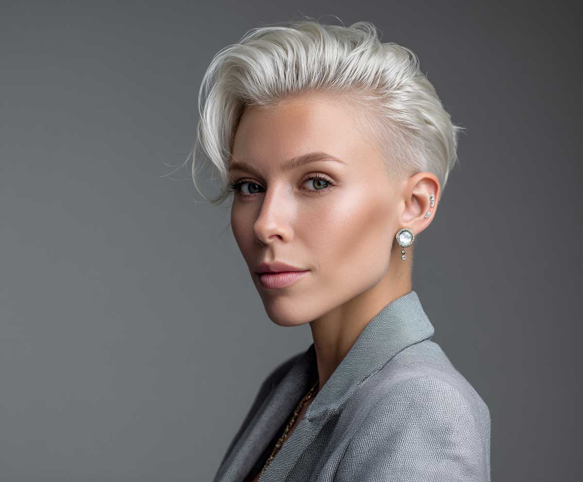 portrait photo of a confident woman with platinum blonde hair styled in a slicked back undercut haircut, hair glossy and wavy, soft natural makeup, edgy fashion look, clean studio background, professional lighting