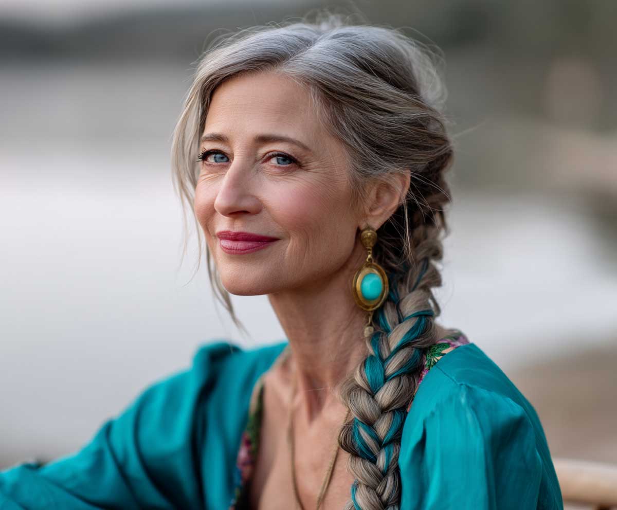 stylish woman over 50 with long turquoise side braid, outdoor birthday picnic setting, wearing colorful dress, soft golden hour light, relaxed and happy mood