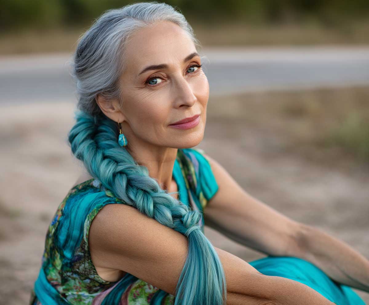 stylish woman over 50 with long turquoise side braid, outdoor birthday picnic setting, wearing colorful dress, soft golden hour light, relaxed and happy mood