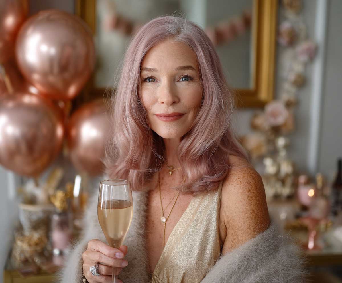elegant woman over 50 with rose gold shoulder-length hair with flicked ends, indoor birthday celebration, pastel decorations, champagne in hand, warm cozy lighting