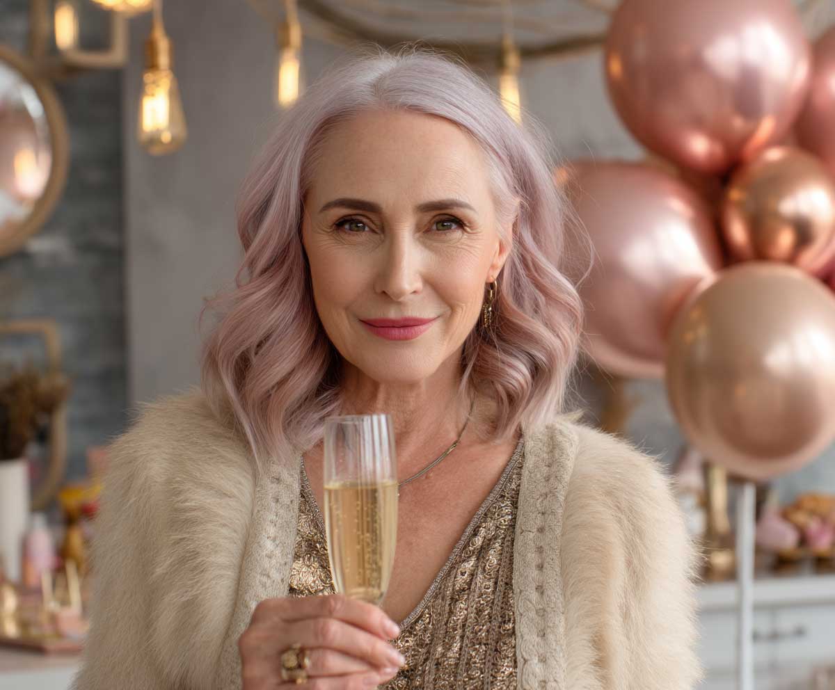 elegant woman over 50 with rose gold shoulder-length hair with flicked ends, indoor birthday celebration, pastel decorations, champagne in hand, warm cozy lighting