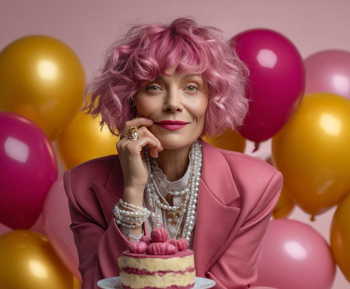 joyful woman over 50 with raspberry pink layered haircut, celebrating birthday with balloons and cake, cheerful expression, natural daylight, festive party atmosphere