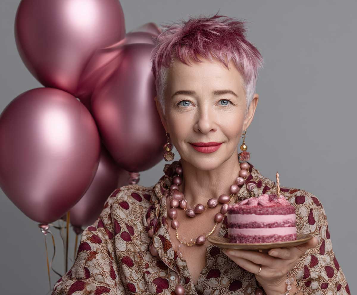 joyful woman over 50 with raspberry pink layered haircut, celebrating birthday with balloons and cake, cheerful expression, natural daylight, festive party atmosphere