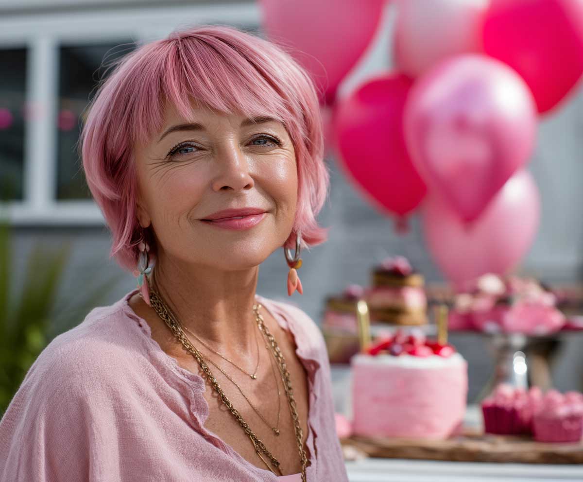 joyful woman over 50 with raspberry pink layered haircut, celebrating birthday with balloons and cake, cheerful expression, natural daylight, festive party atmosphere