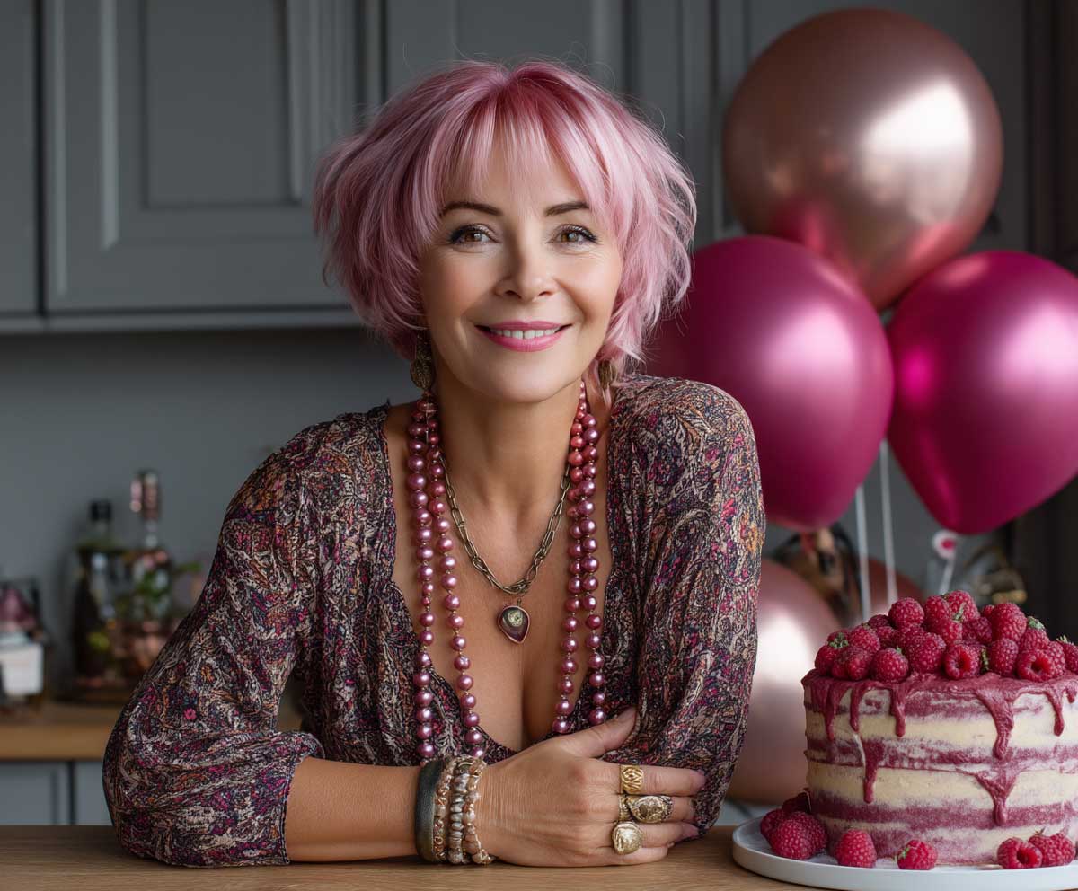 joyful woman over 50 with raspberry pink layered haircut, celebrating birthday with balloons and cake, cheerful expression, natural daylight, festive party atmosphere