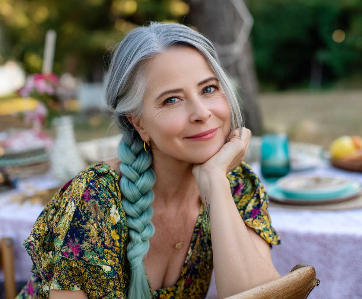 stylish woman over 50 with long turquoise side braid, outdoor birthday picnic setting, wearing colorful dress, soft golden hour light, relaxed and happy mood
