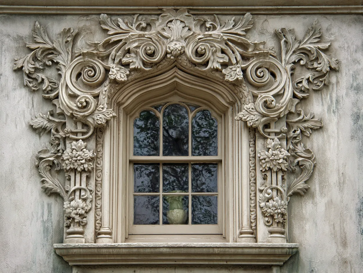 Outside window border design with ornate classic trim
