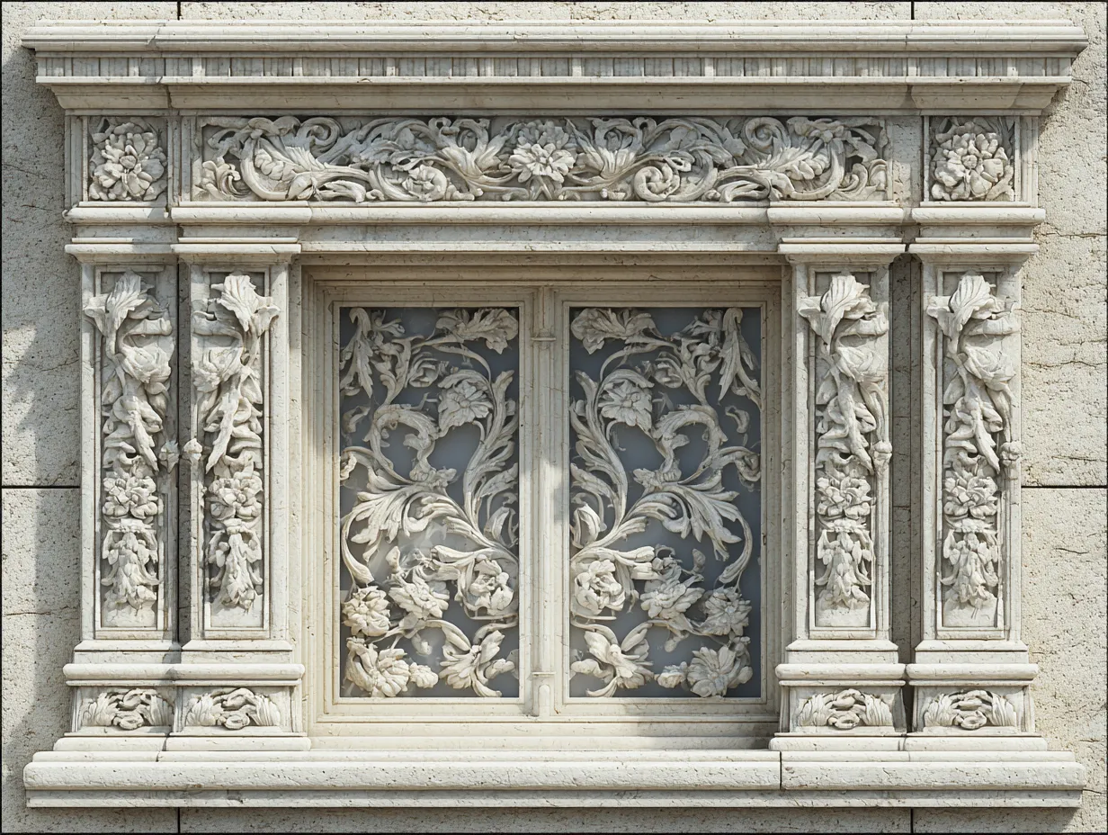 Decorative pediment window border in traditional style