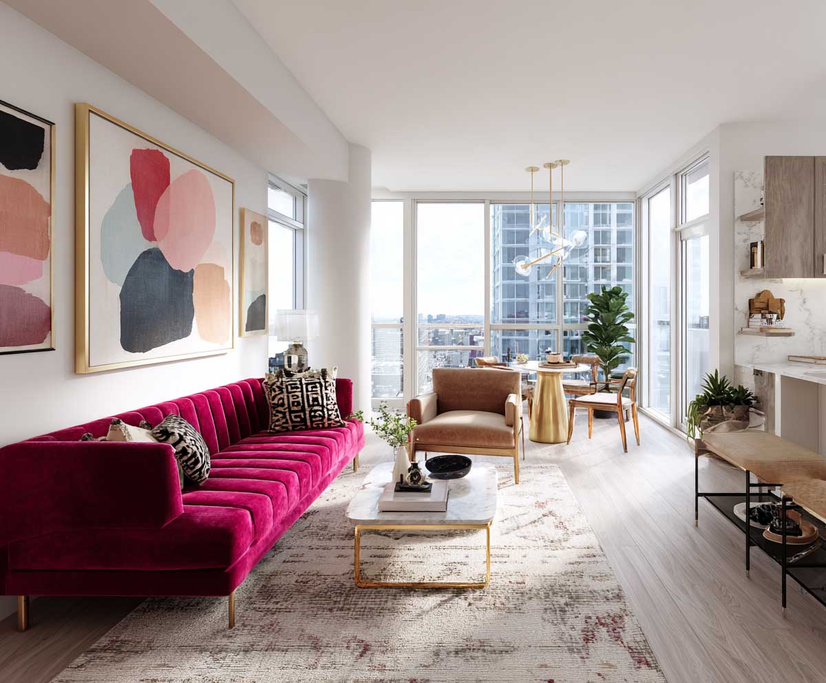 a stylish modern apartment living room with a bold hot pink velvet sofa, light wood flooring, white walls, geometric throw pillows, abstract wall art, floor-to-ceiling windows, minimal yet chic decor