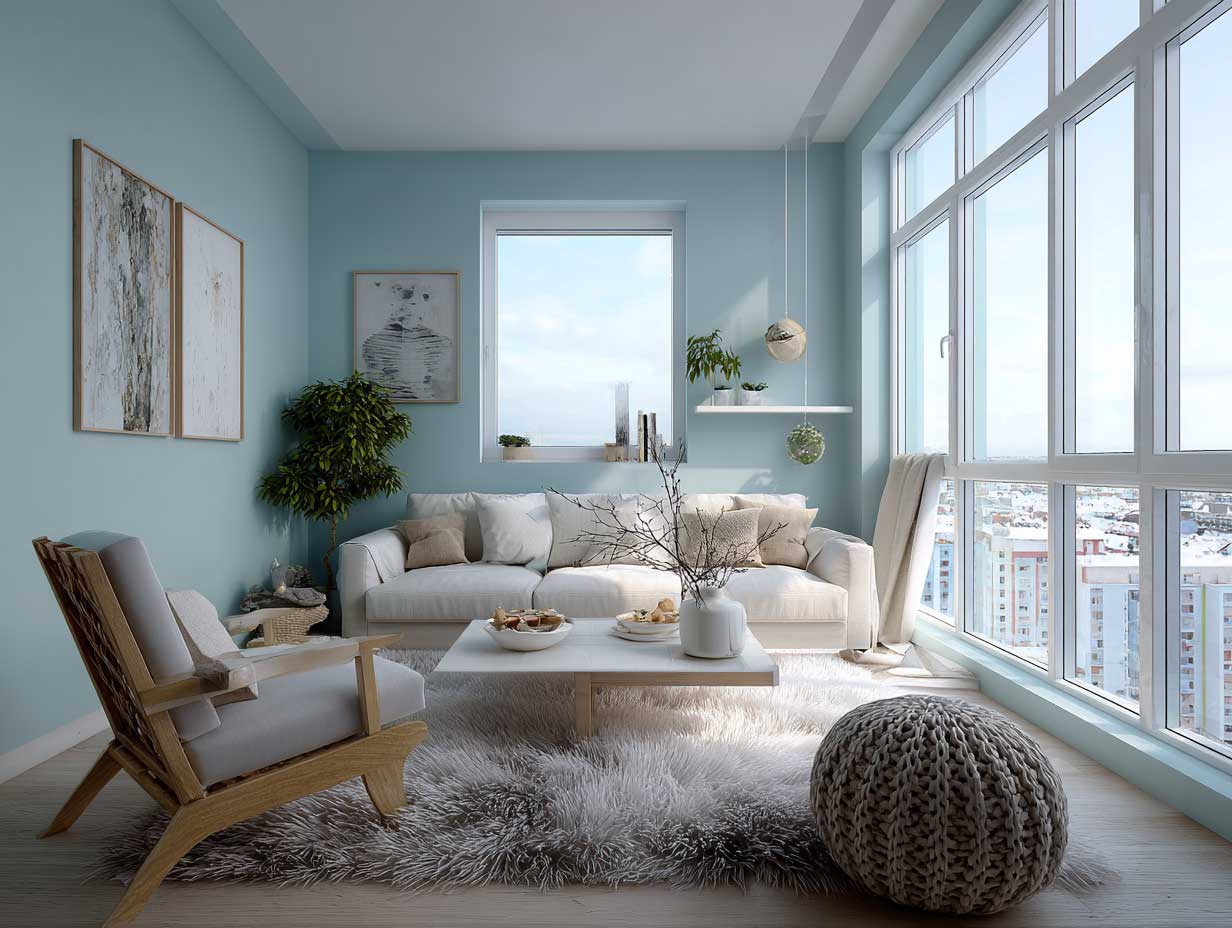 modern apartment with aqua marine painted accent wall, minimal furniture, natural textures, large windows, artistic vibe, clean layout, Scandinavian styling, bright and calming aesthetic