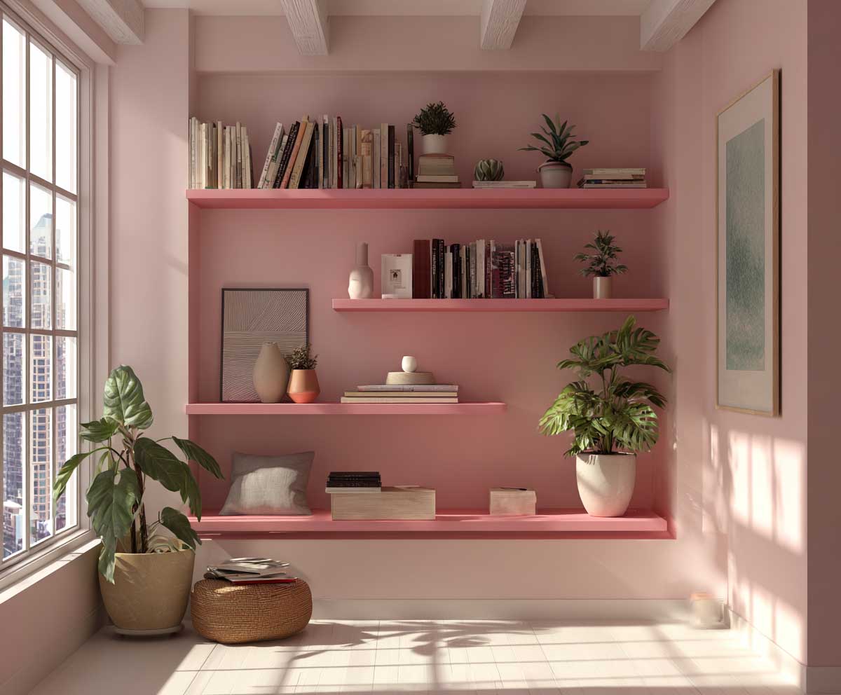modern compact apartment with floating hot pink wall shelves, minimalist decor, neutral background, potted plants, books and decor items, Scandinavian-inspired layout, clean lines, daylight streaming in