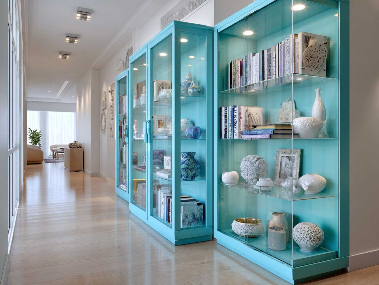 stylish apartment interior with tall aqua marine display cabinets, glass doors, interior lighting, white background, designer books and ceramics, sleek lines, modern decor, soft ambient lighting