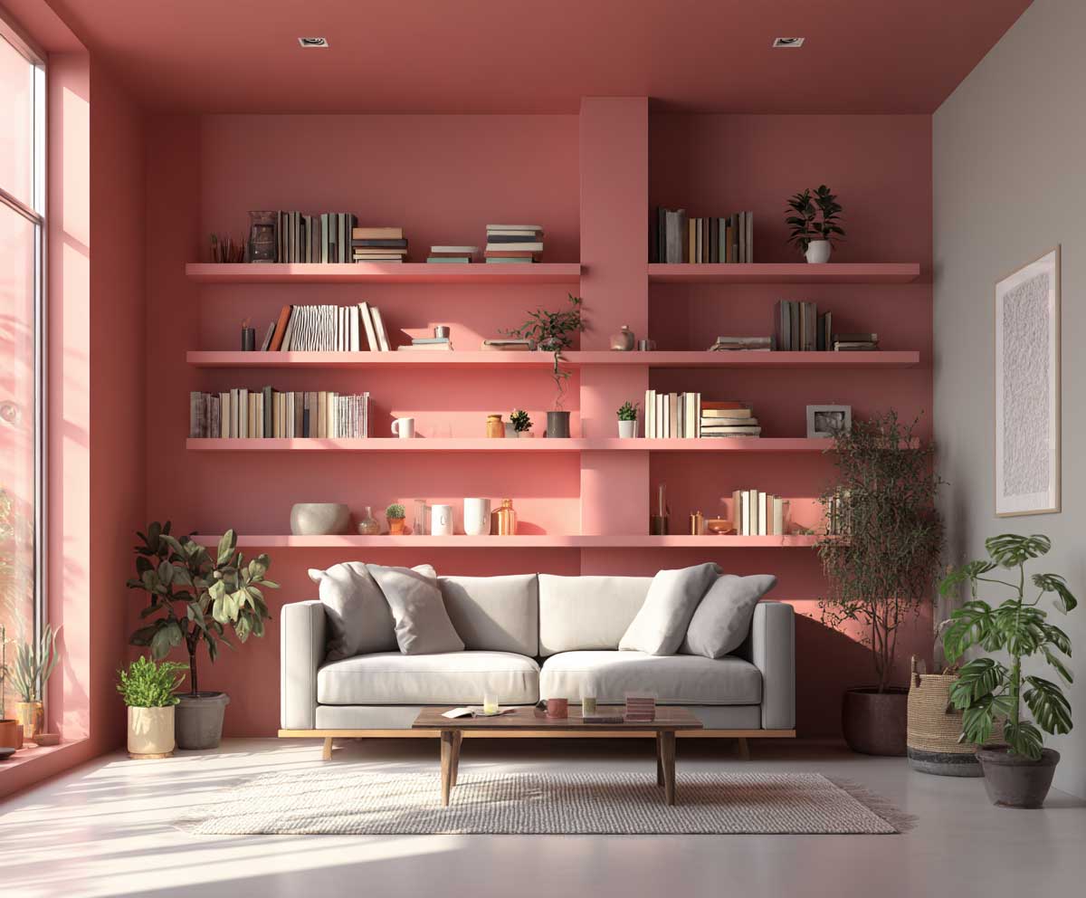 modern compact apartment with floating hot pink wall shelves, minimalist decor, neutral background, potted plants, books and decor items, Scandinavian-inspired layout, clean lines, daylight streaming in