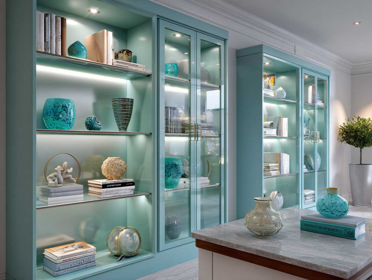 stylish apartment interior with tall aqua marine display cabinets, glass doors, interior lighting, white background, designer books and ceramics, sleek lines, modern decor, soft ambient lighting