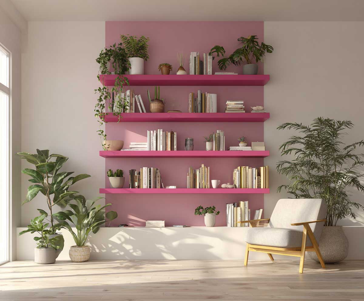 modern compact apartment with floating hot pink wall shelves, minimalist decor, neutral background, potted plants, books and decor items, Scandinavian-inspired layout, clean lines, daylight streaming in
