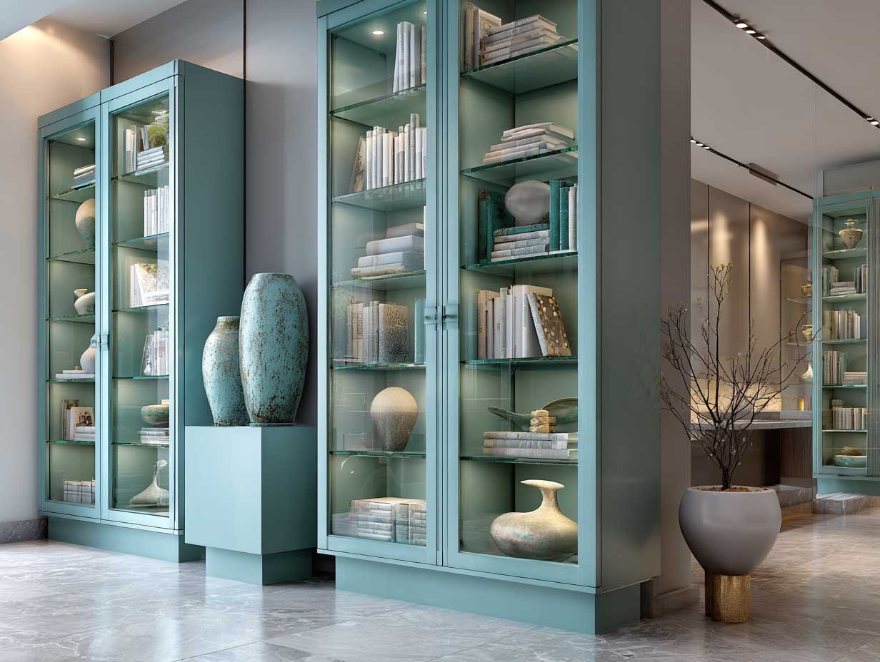 stylish apartment interior with tall aqua marine display cabinets, glass doors, interior lighting, white background, designer books and ceramics, sleek lines, modern decor, soft ambient lighting
