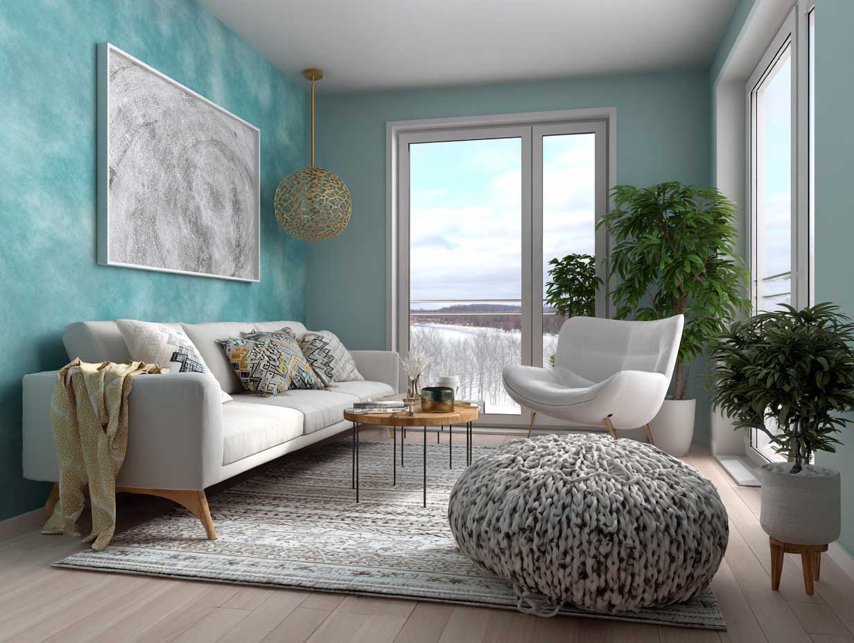 modern apartment with aqua marine painted accent wall, minimal furniture, natural textures, large windows, artistic vibe, clean layout, Scandinavian styling, bright and calming aesthetic