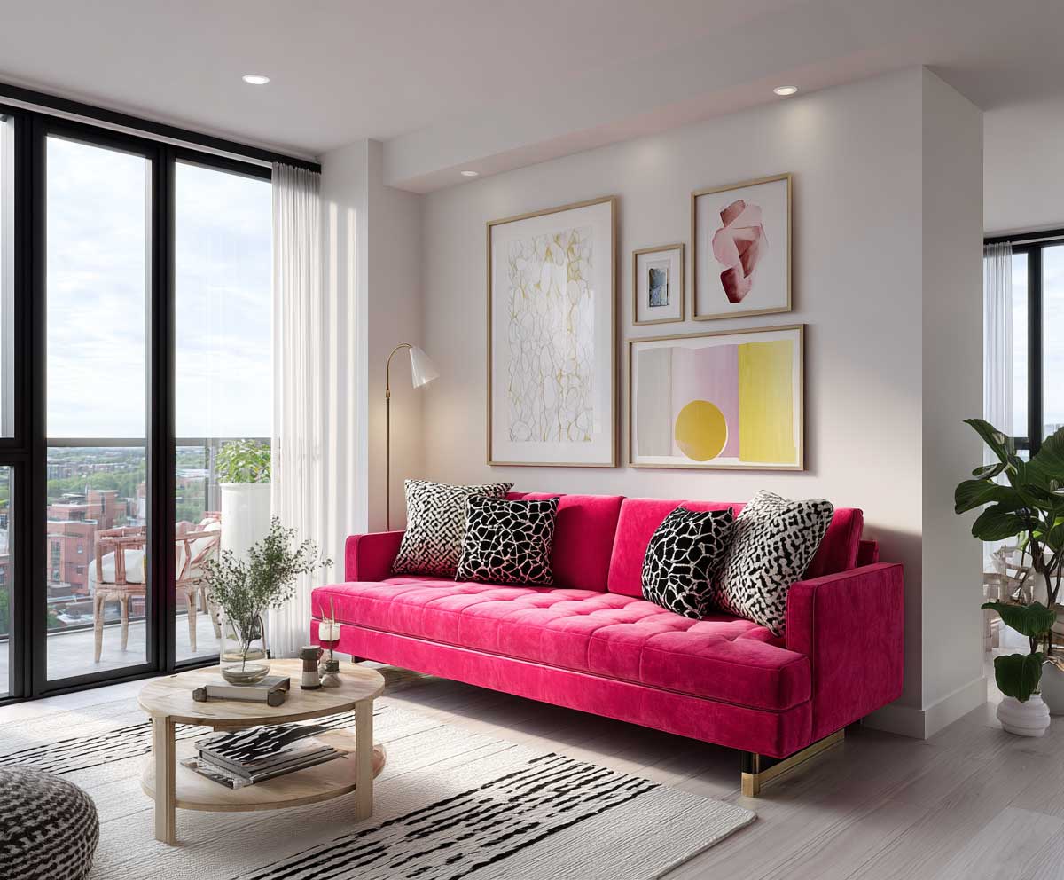 a stylish modern apartment living room with a bold hot pink velvet sofa, light wood flooring, white walls, geometric throw pillows, abstract wall art, floor-to-ceiling windows, minimal yet chic decor