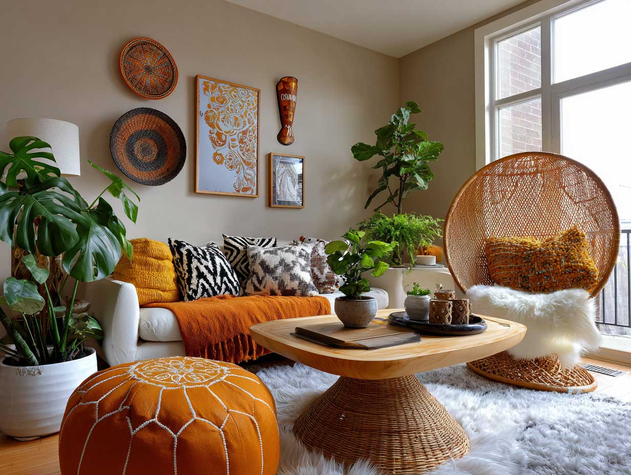 bohemian-style apartment with layered orange textiles, bright throw pillows, mix of textures and colors, indoor plants, rattan furniture, colorful wall decor, cozy and artistic mood, natural lighting