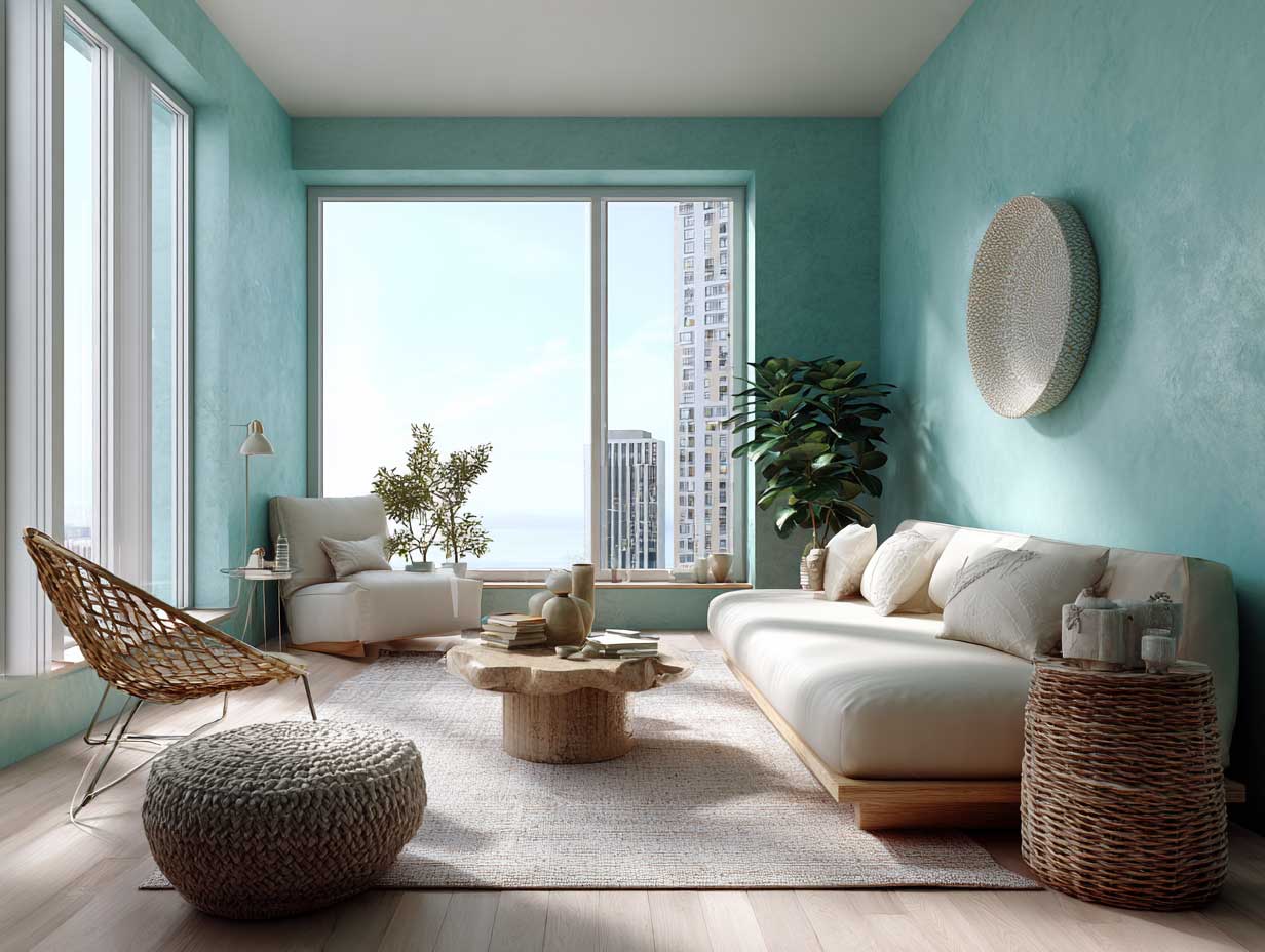 modern apartment with aqua marine painted accent wall, minimal furniture, natural textures, large windows, artistic vibe, clean layout, Scandinavian styling, bright and calming aesthetic
