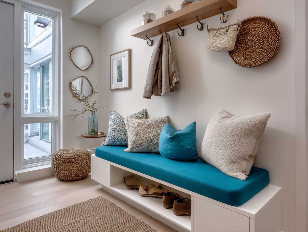 small apartment entryway with aqua marine bench seating, clean white walls, coat hooks, shoe storage underneath, decorative pillows, light wood flooring, natural lighting, modern compact layout