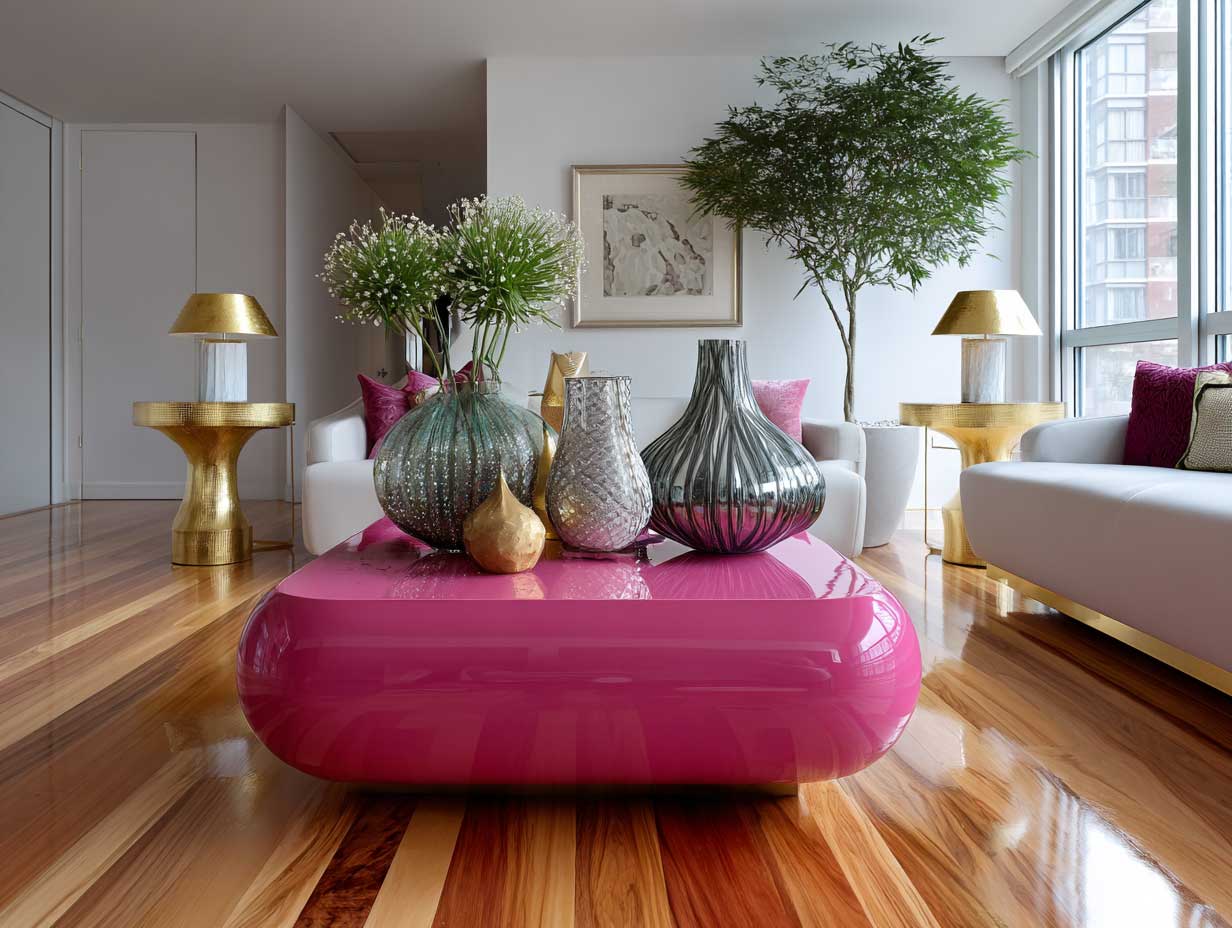 modern apartment living room with a glossy fuchsia lacquer coffee table, high-end decor, glass vases, polished wood flooring, white walls, gold accents, chic minimalist layout, vibrant and bold color statement, soft sunlight