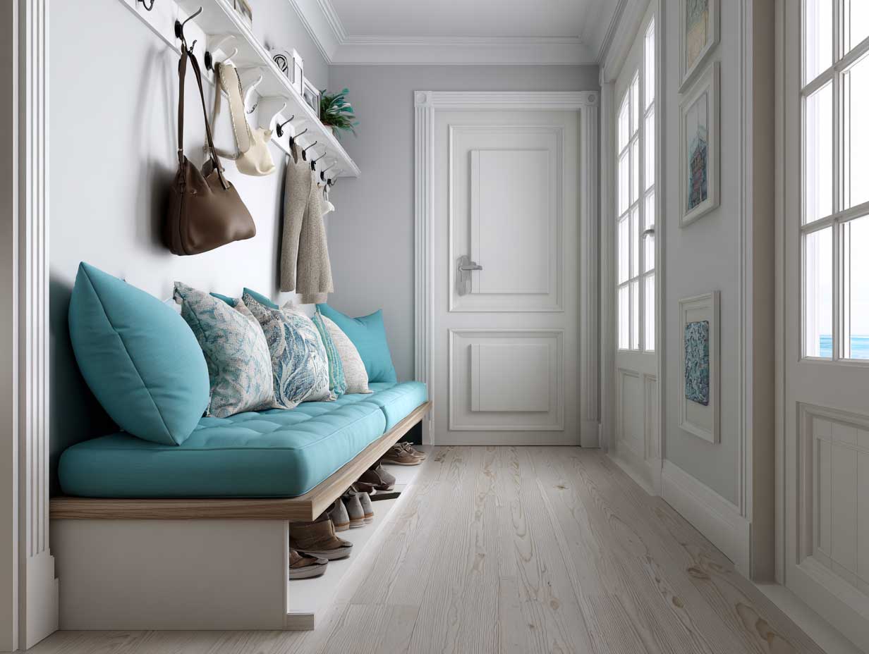 small apartment entryway with aqua marine bench seating, clean white walls, coat hooks, shoe storage underneath, decorative pillows, light wood flooring, natural lighting, modern compact layout