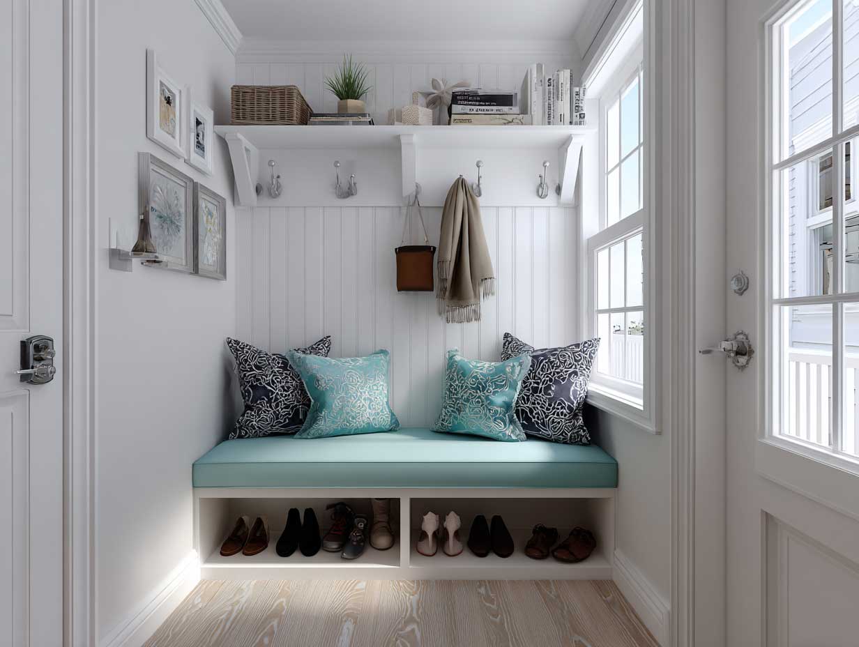 small apartment entryway with aqua marine bench seating, clean white walls, coat hooks, shoe storage underneath, decorative pillows, light wood flooring, natural lighting, modern compact layout