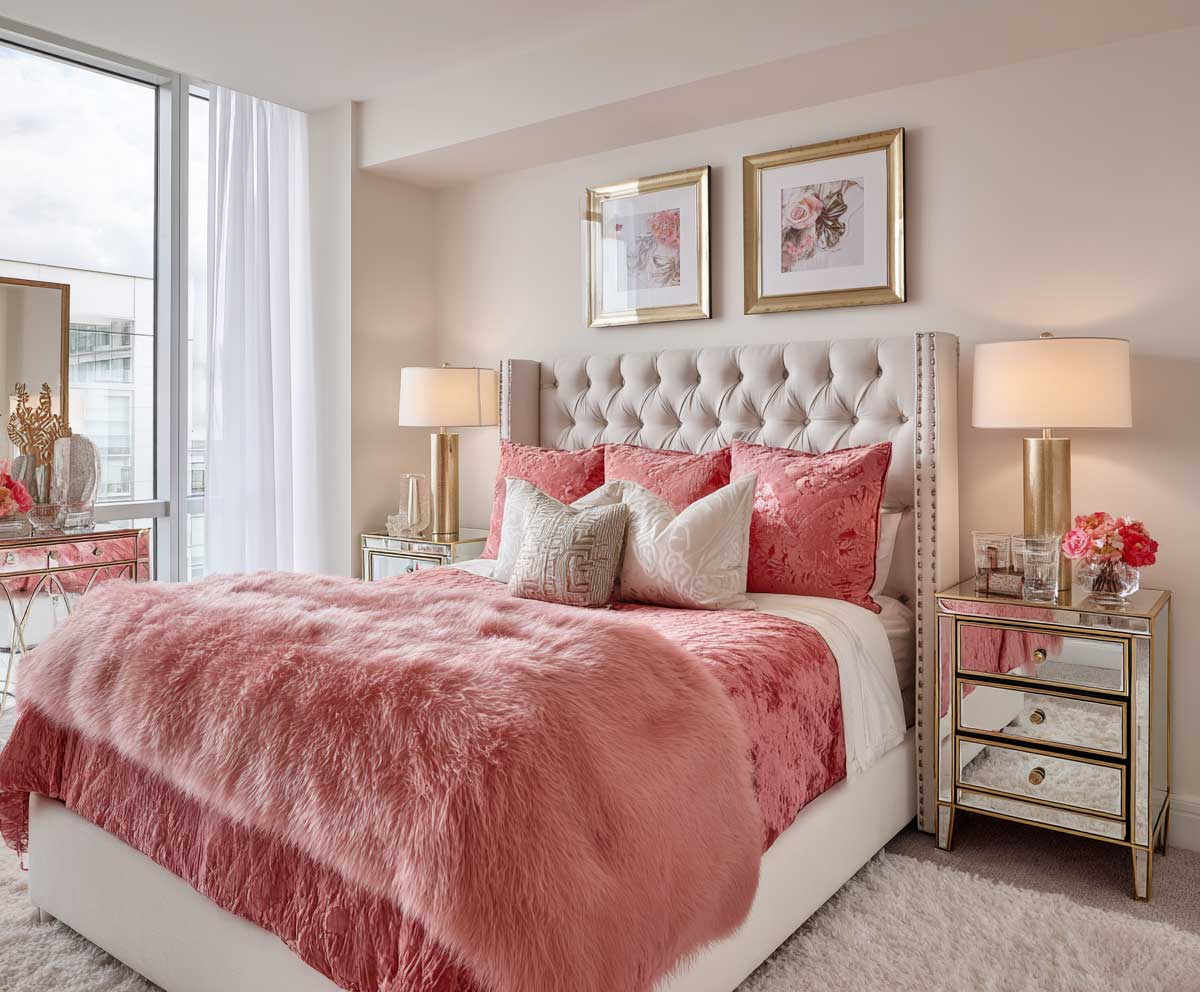 luxurious apartment bedroom with hot pink bedding and gold metallic accents, tufted headboard, soft lighting, sleek mirrored nightstands, white walls, plush carpet, elegant and cozy atmosphere, editorial-style interior