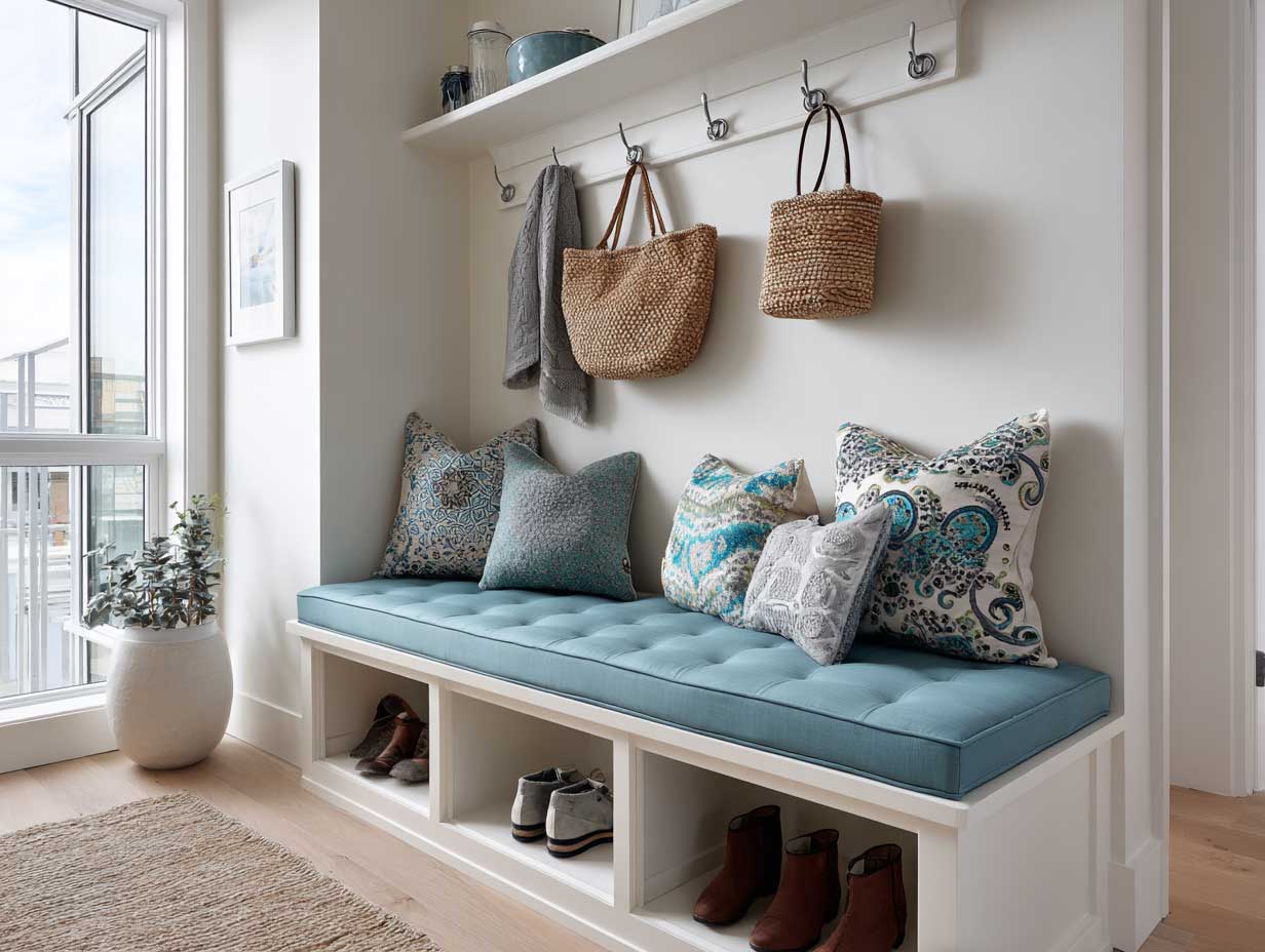 small apartment entryway with aqua marine bench seating, clean white walls, coat hooks, shoe storage underneath, decorative pillows, light wood flooring, natural lighting, modern compact layout