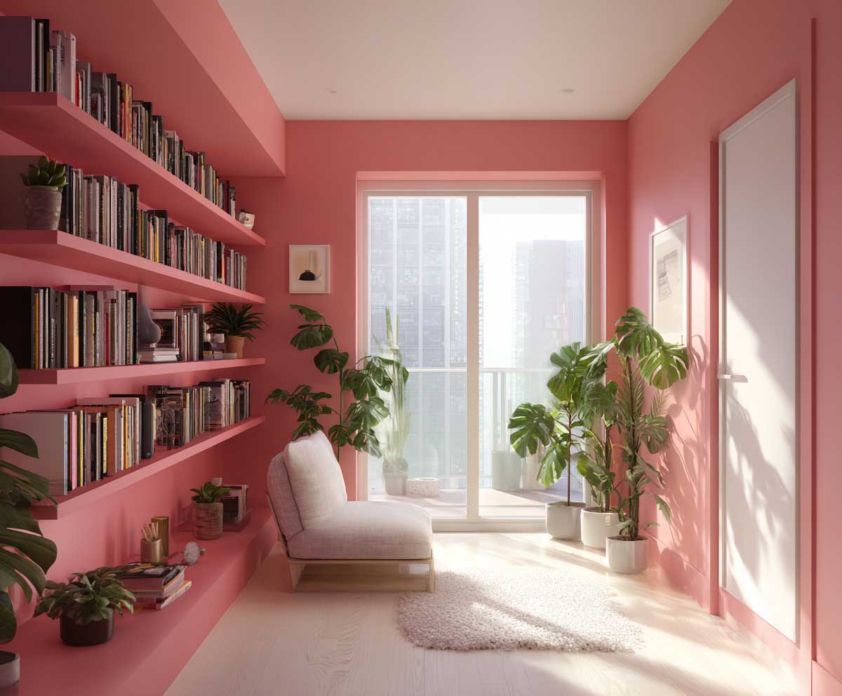 modern compact apartment with floating hot pink wall shelves, minimalist decor, neutral background, potted plants, books and decor items, Scandinavian-inspired layout, clean lines, daylight streaming in