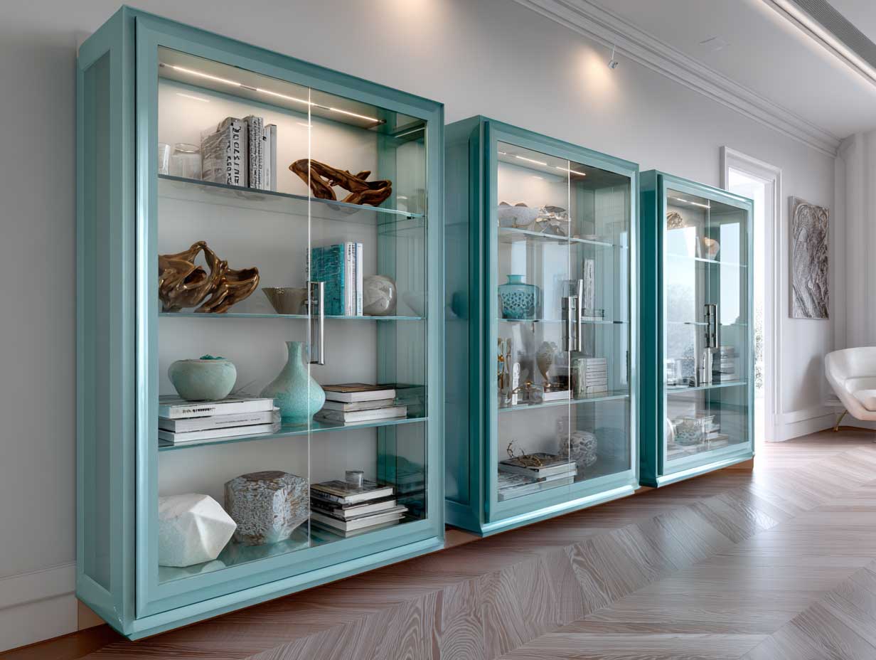 stylish apartment interior with tall aqua marine display cabinets, glass doors, interior lighting, white background, designer books and ceramics, sleek lines, modern decor, soft ambient lighting