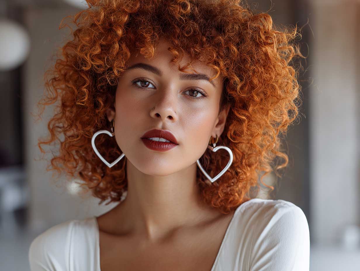 beauty photo of a stylish woman with a heart shaped face, shoulder-length fiery orange curls, warm-toned makeup, large hoops, chic top, modern interior background, soft ambient light