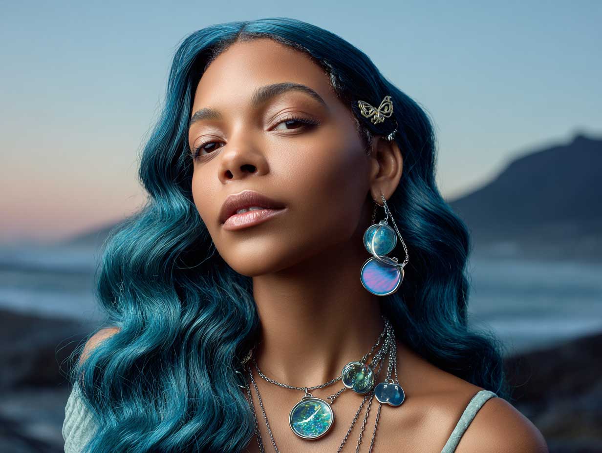 editorial-style image of a woman with an oval face, long teal blue mermaid waves, deep side part, glossy skin, iridescent accessories, ocean-inspired background, glowing sunset light