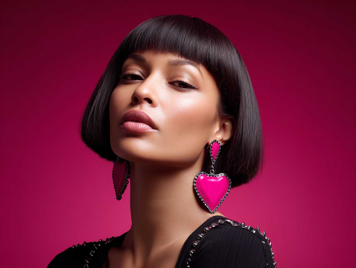 portrait of a confident woman with a heart shaped face, bright pink asymmetrical lob haircut, blunt ends, bold makeup, oversized earrings, edgy fashion outfit, glowing lighting, vibrant background