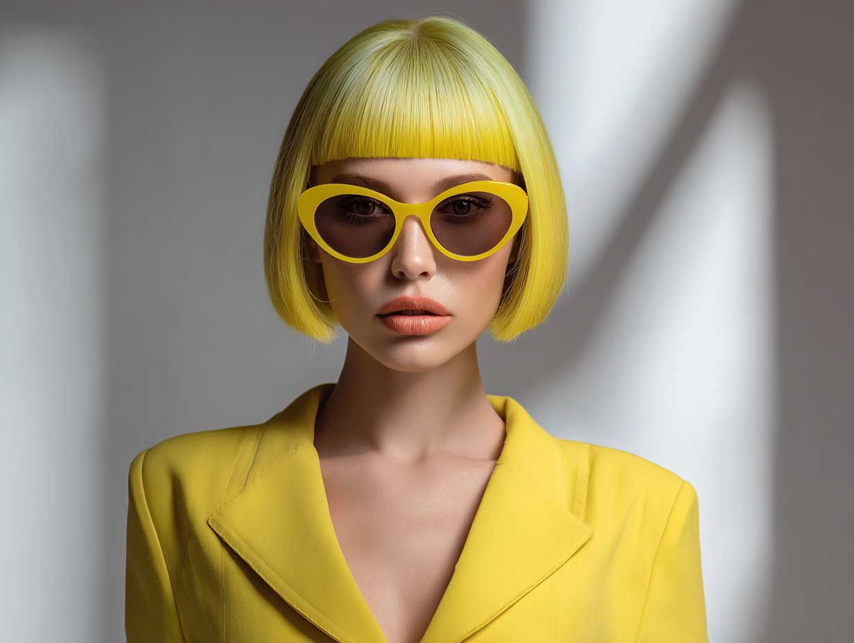 portrait of a fashionable woman with an oval face, neon yellow blunt bob with straight bangs, matte makeup, dark sunglasses, sporty crop jacket, clean studio background with soft shadows