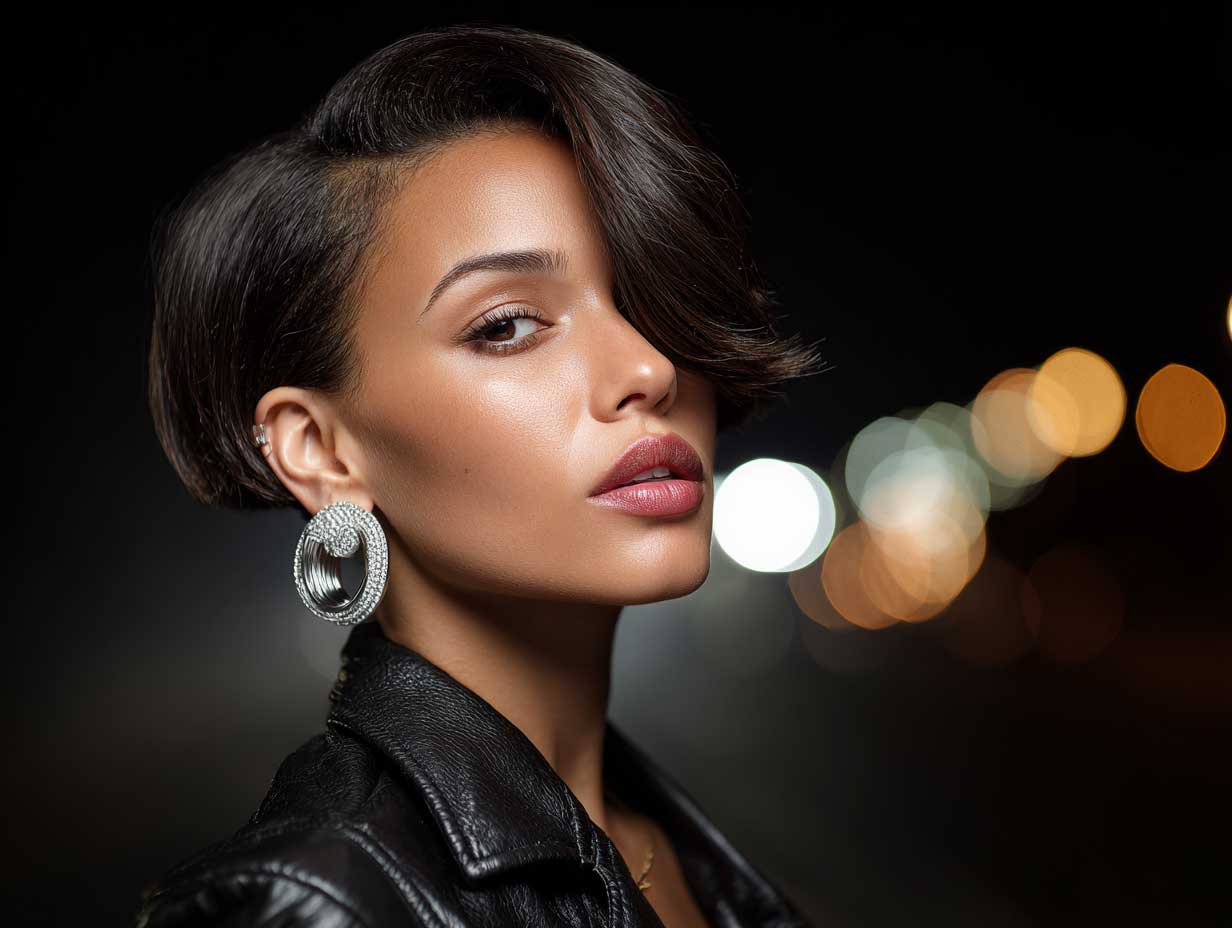 fashion portrait of a woman with a round face, voluminous side-part bob, fierce makeup, silver hoop earrings, leather jacket, city night background, moody lighting