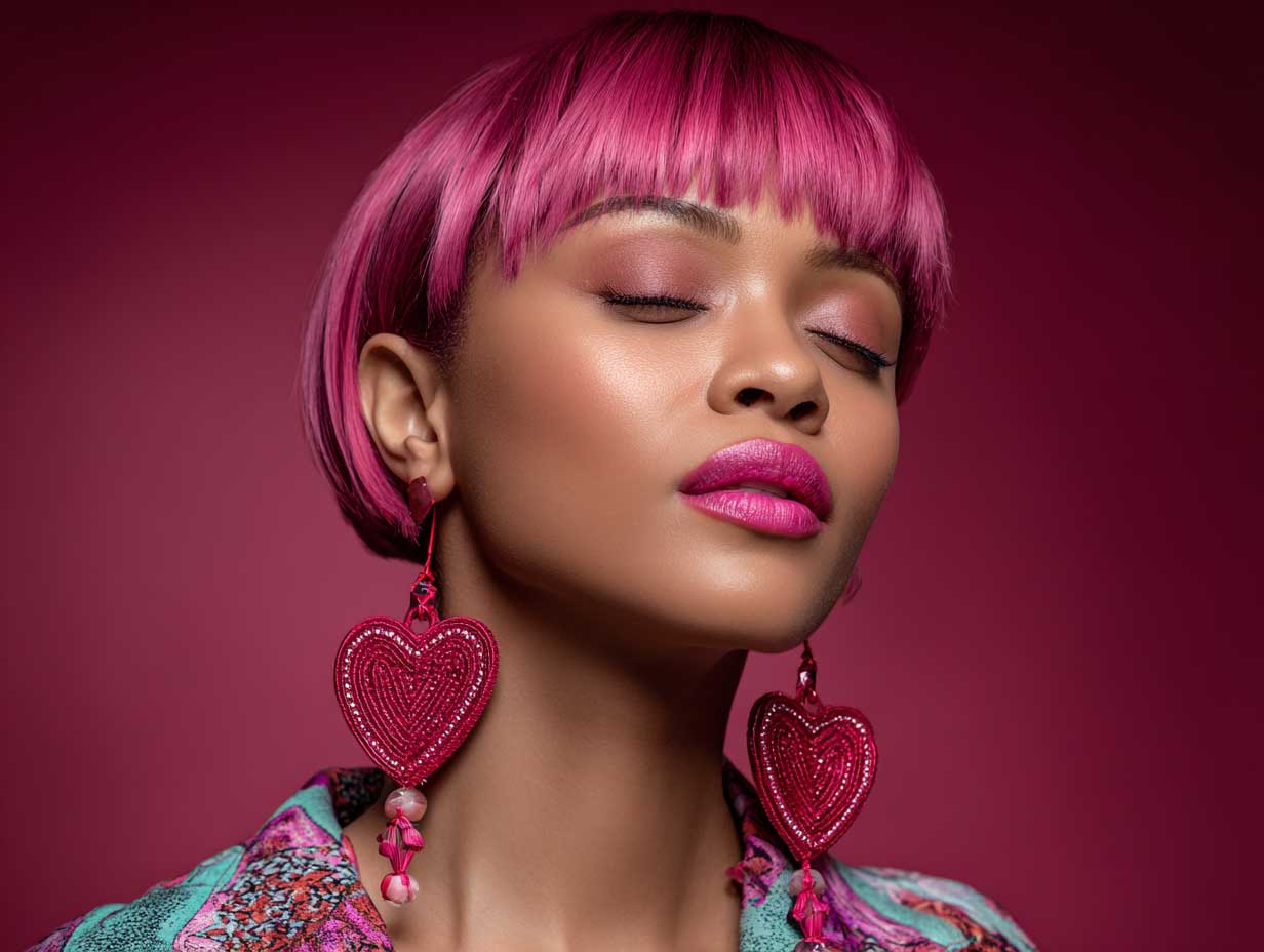 portrait of a confident woman with a heart shaped face, bright pink asymmetrical lob haircut, blunt ends, bold makeup, oversized earrings, edgy fashion outfit, glowing lighting, vibrant background